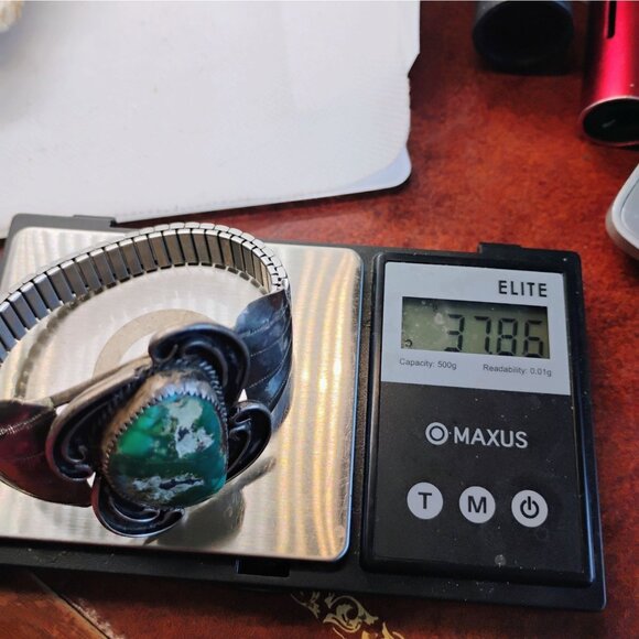 Vtg Native Navajo Sterling Silver Green Turquoise Cuff Bracelet wAdjustable Band - Picture 8 of 11